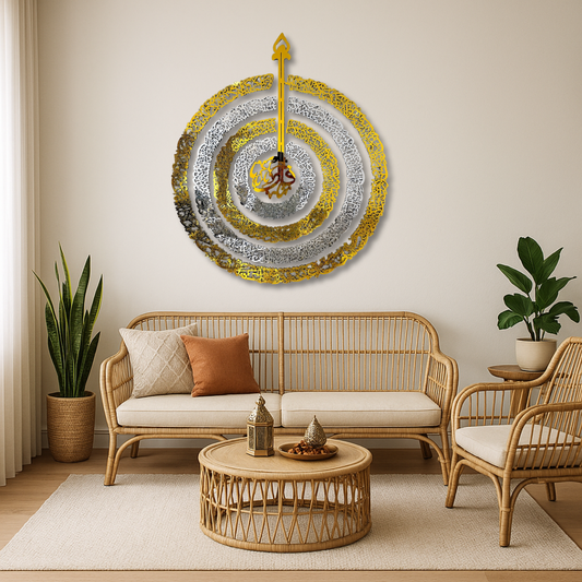 4 Quls Circular Calligraphy Wall Piece With Silver & Gold Mirror Finish (120 cm x 100 cm)