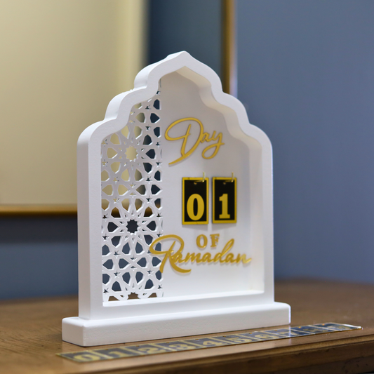 Luxury Ramadan Countdown Calendar – White Mosque-Inspired MDF Table Decor