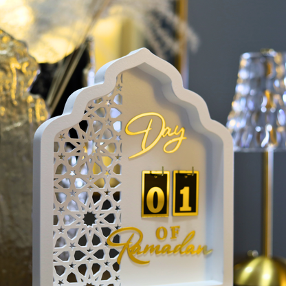 Luxury Ramadan Countdown Calendar – White Mosque-Inspired MDF Table Decor