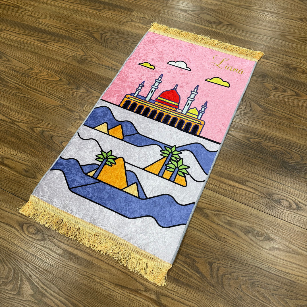 Personalized Girls Kids Muslim Prayer Rug - Pink Desert Design