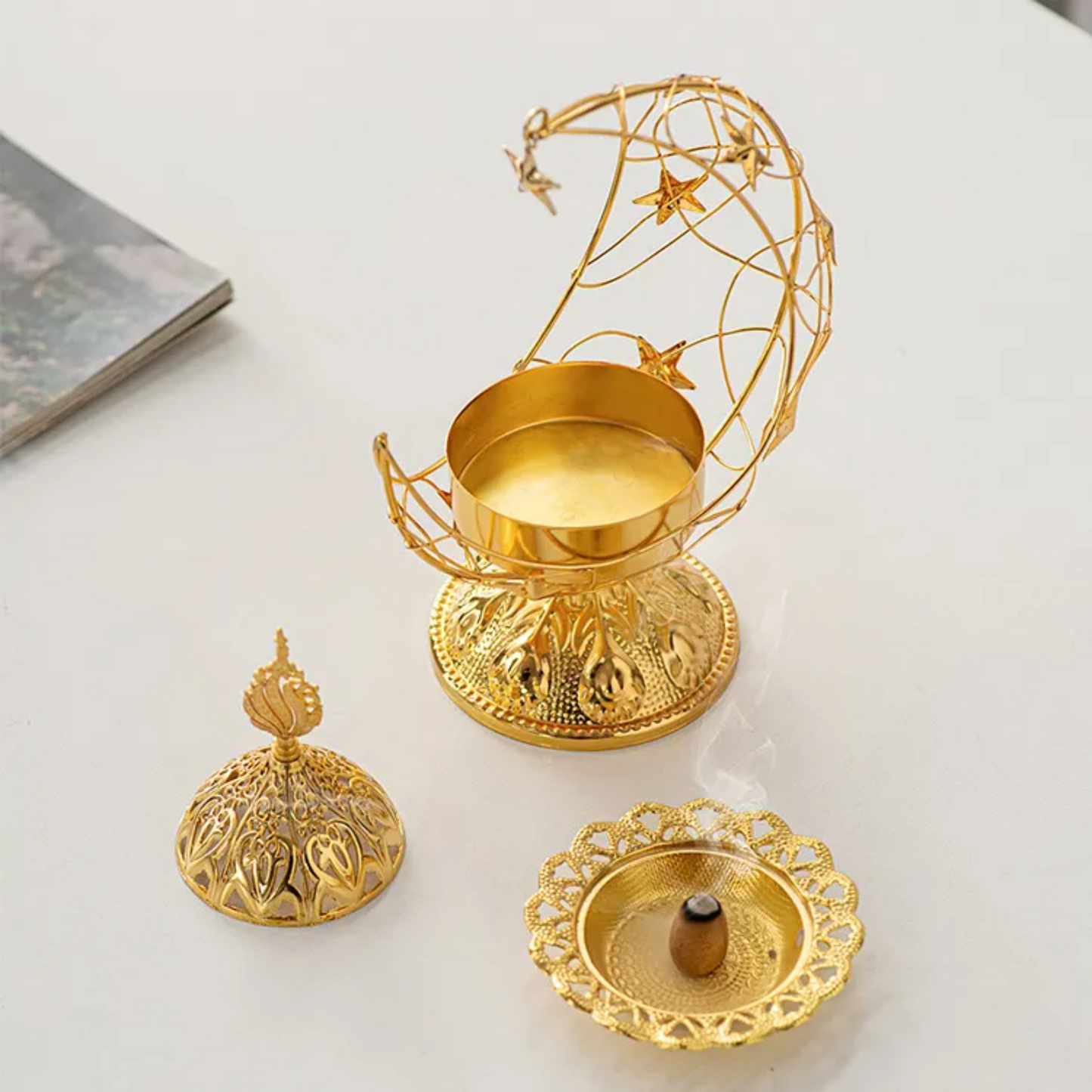 Elegant Moon-Shaped Metal Gold Incense Burner