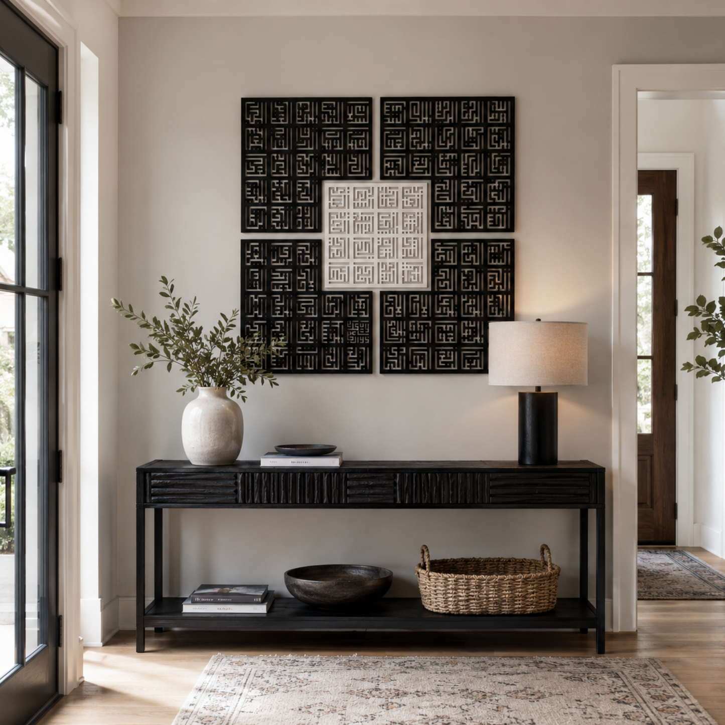 Stunning 99 Names of Allah Set of 5 Calligraphy Wall Piece With Silver & Black Mirror Finish (120 cm x 120 cm)