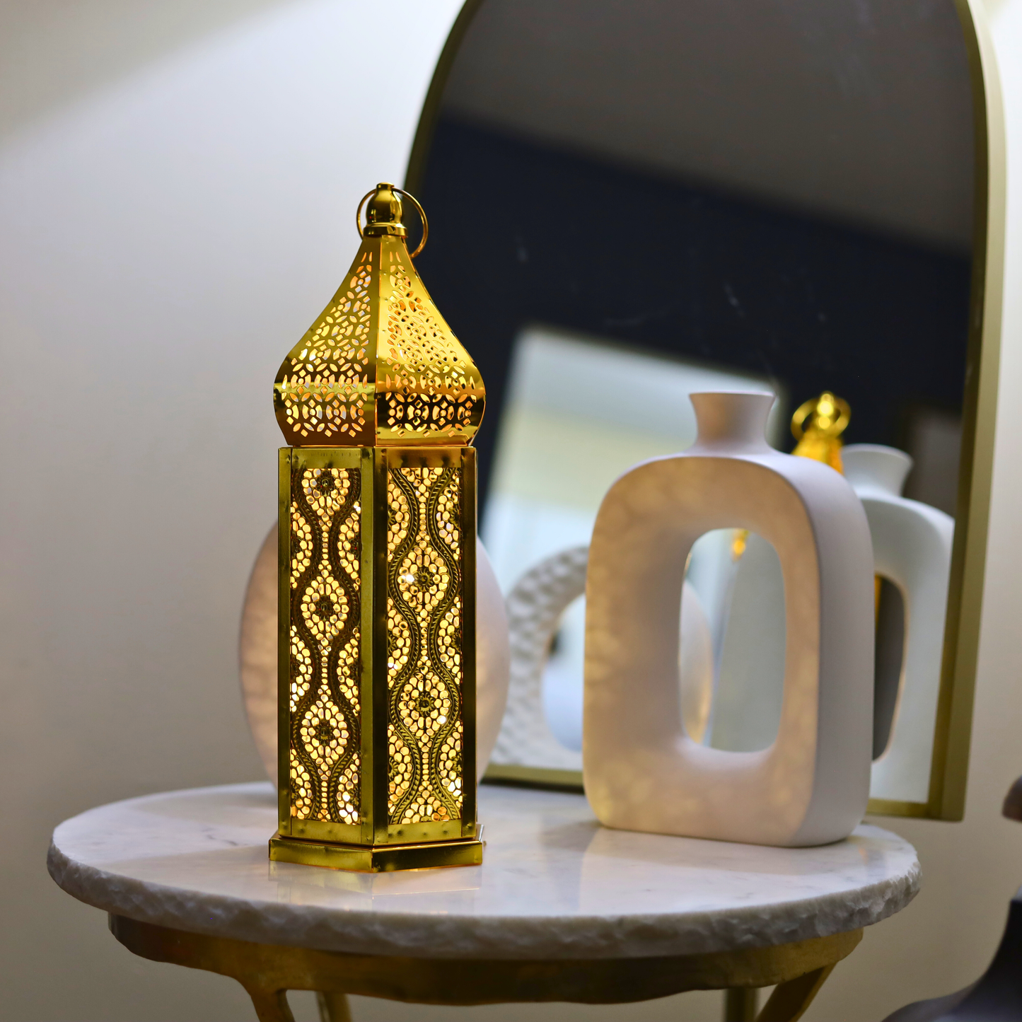 Stunning Tall Gold Ramadan Lantern with LED Lights – Elegant Moroccan Cut Metal Design