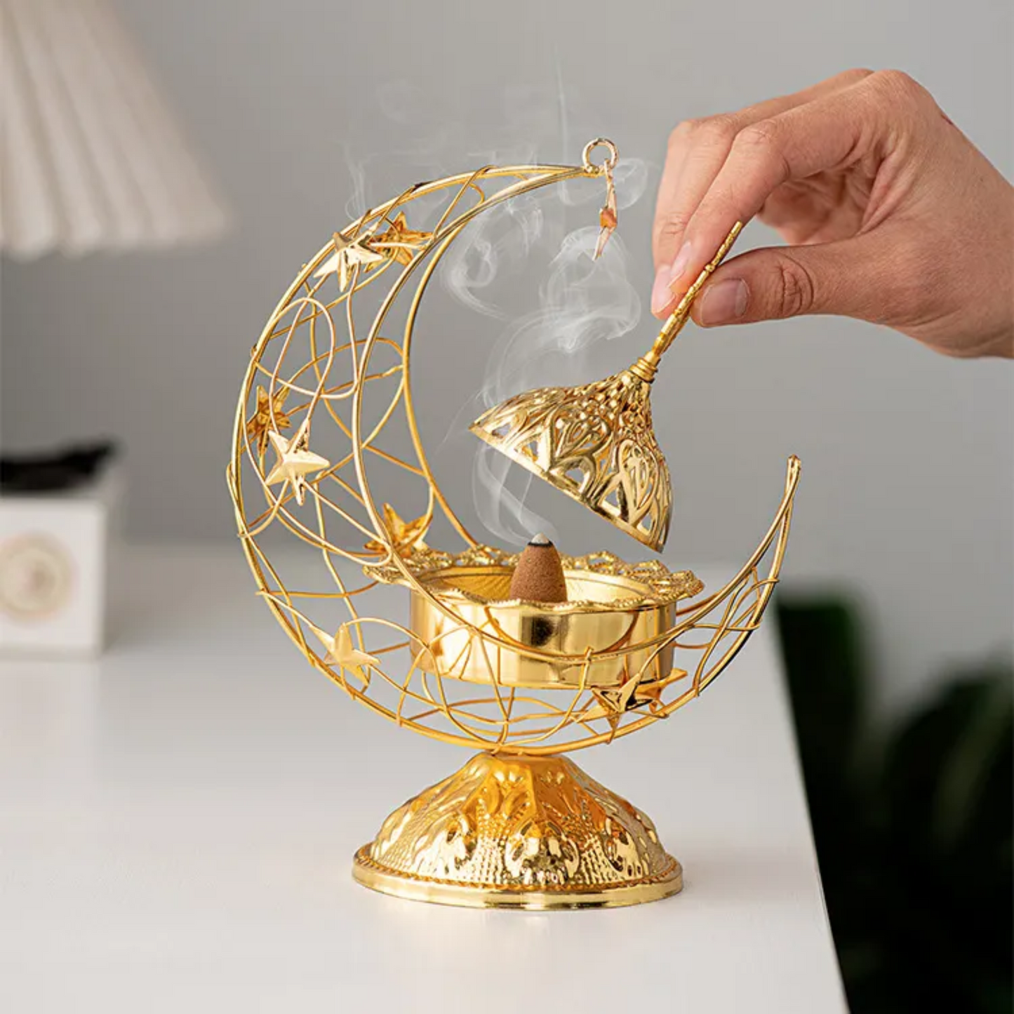 Elegant Gold & Black Moon-Shaped Metal Incense Burner Set of 2