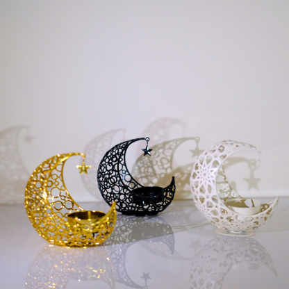 Elegant Metal Crescent Moon Candle Holder Set (White, Black & Gold)