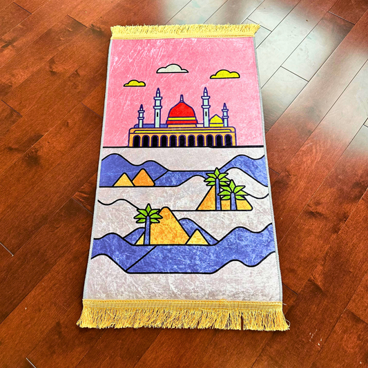Adorable Girls Kids Muslim Prayer Rug - Pink Desert Design
