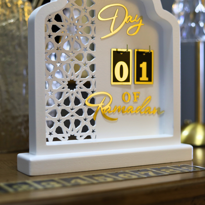 Luxury Ramadan Countdown Calendar – White Mosque-Inspired MDF Table Decor
