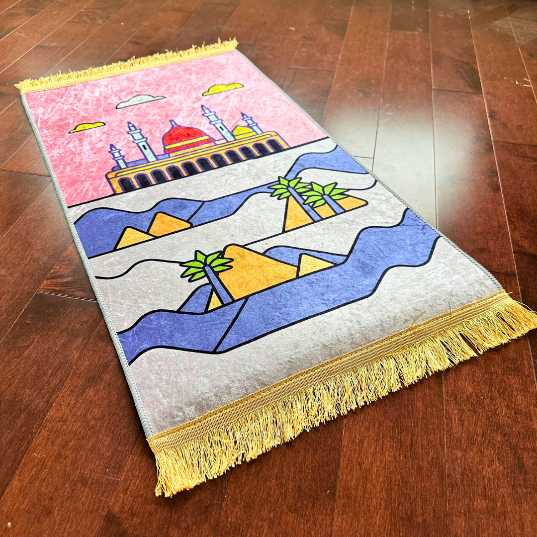 Adorable Girls Kids Muslim Prayer Rug - Pink Desert Design