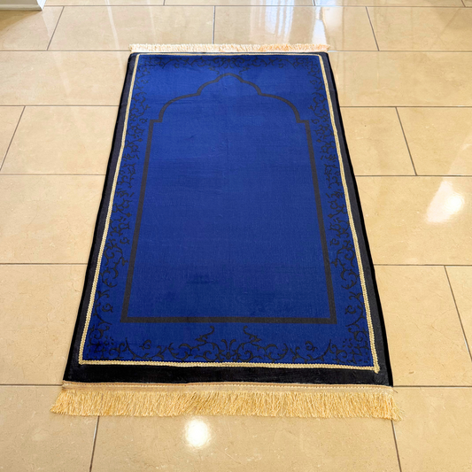 Royal Blue Mosque-Shaped Luxury Prayer Rug (Thick Cushioning & Long Size)