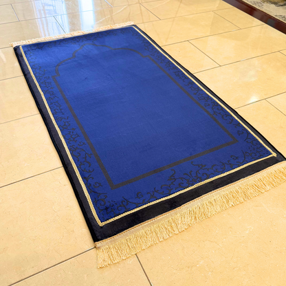 Royal Blue Mosque-Shaped Luxury Prayer Rug (Thick Cushioning & Long Size)