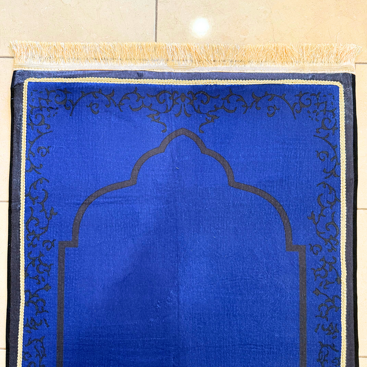 Royal Blue Mosque-Shaped Luxury Prayer Rug (Thick Cushioning & Long Size)