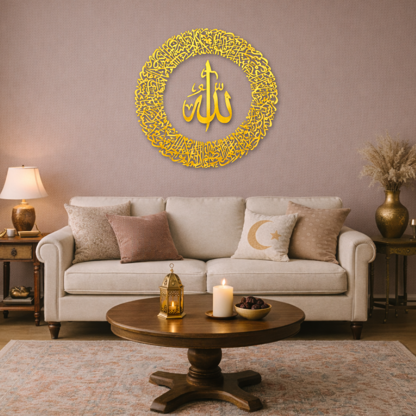 Ayatul Kursi Wall Art with Allah in the Center With Gold Mirror Finish (90 cm x 90 cm)