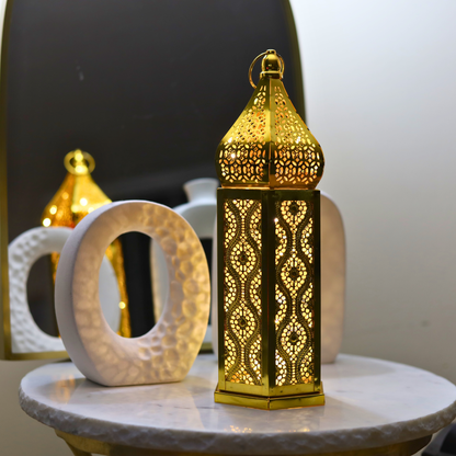 Stunning Tall Gold Ramadan Lantern with LED Lights – Elegant Moroccan Cut Metal Design