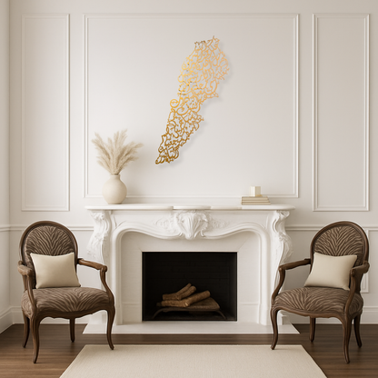 Map of Lebanon With Cities Engraved Calligraphy Wall Piece With Matte Gold Finish (90 cm x 30 cm)