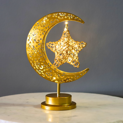 Stunning Gold Crescent Moon & Star LED Metal Lamp