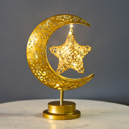 Stunning Gold Crescent Moon & Star LED Metal Lamp