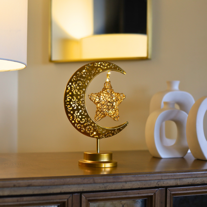 Stunning Gold Crescent Moon & Star LED Metal Lamp