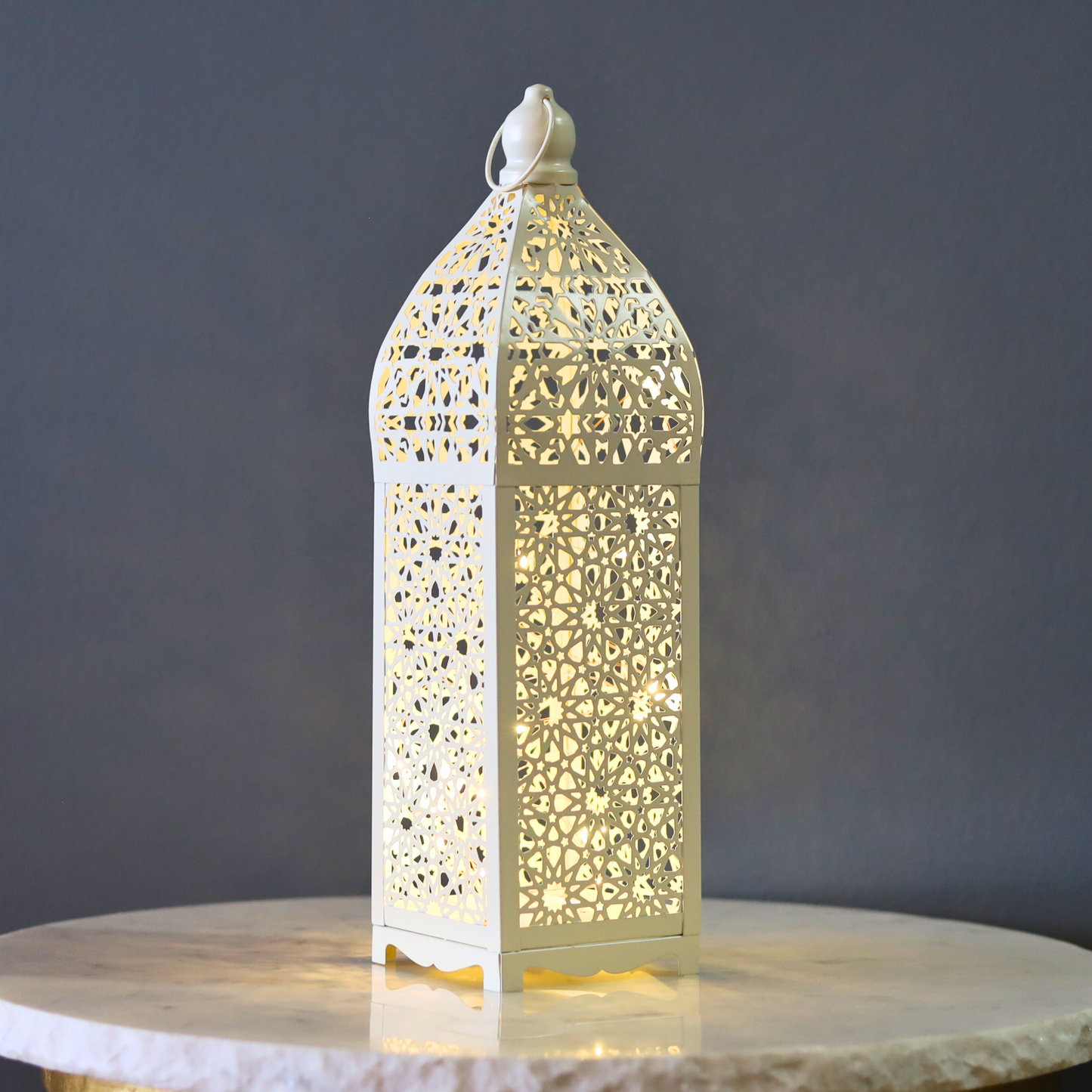 Stunning White Persian Pattern Metal Lantern with LED Lights