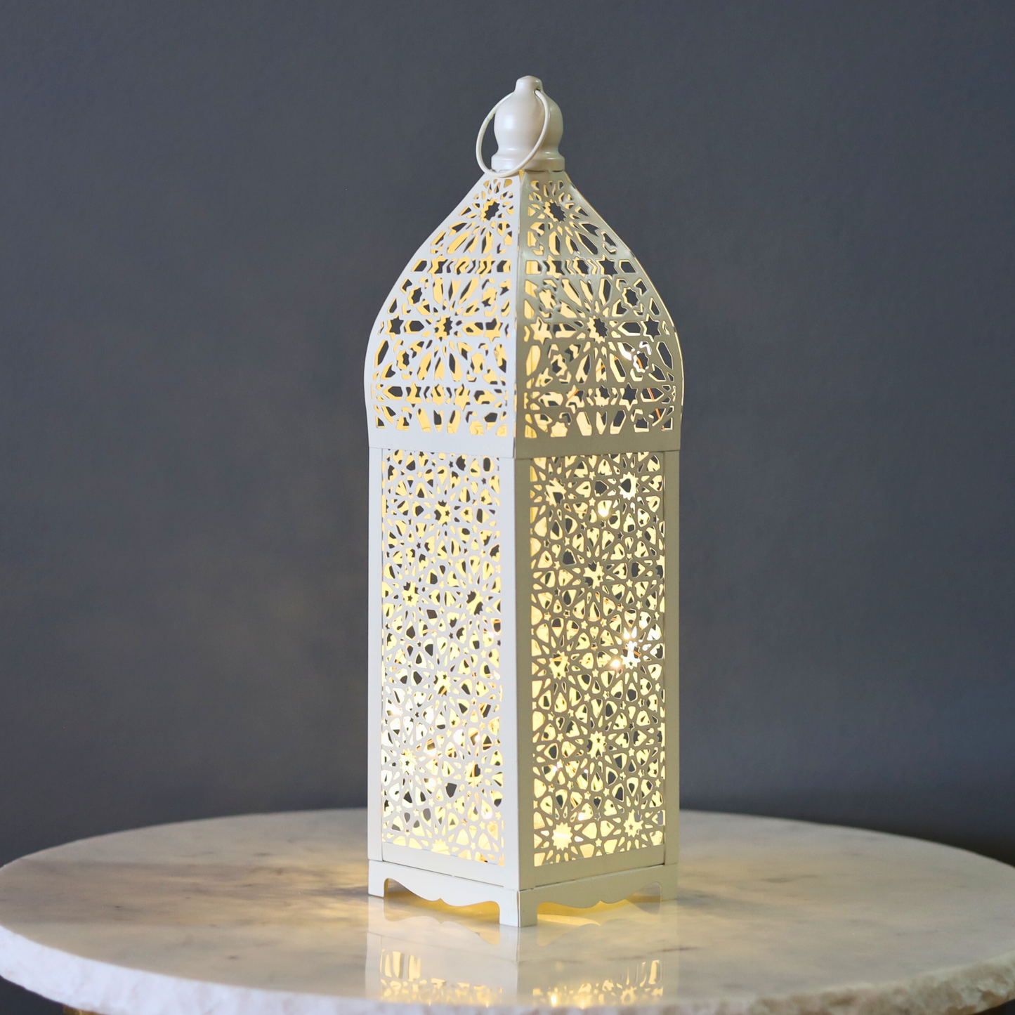 Stunning White Persian Pattern Metal Lantern with LED Lights