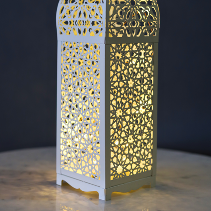 Stunning White Persian Pattern Metal Lantern with LED Lights