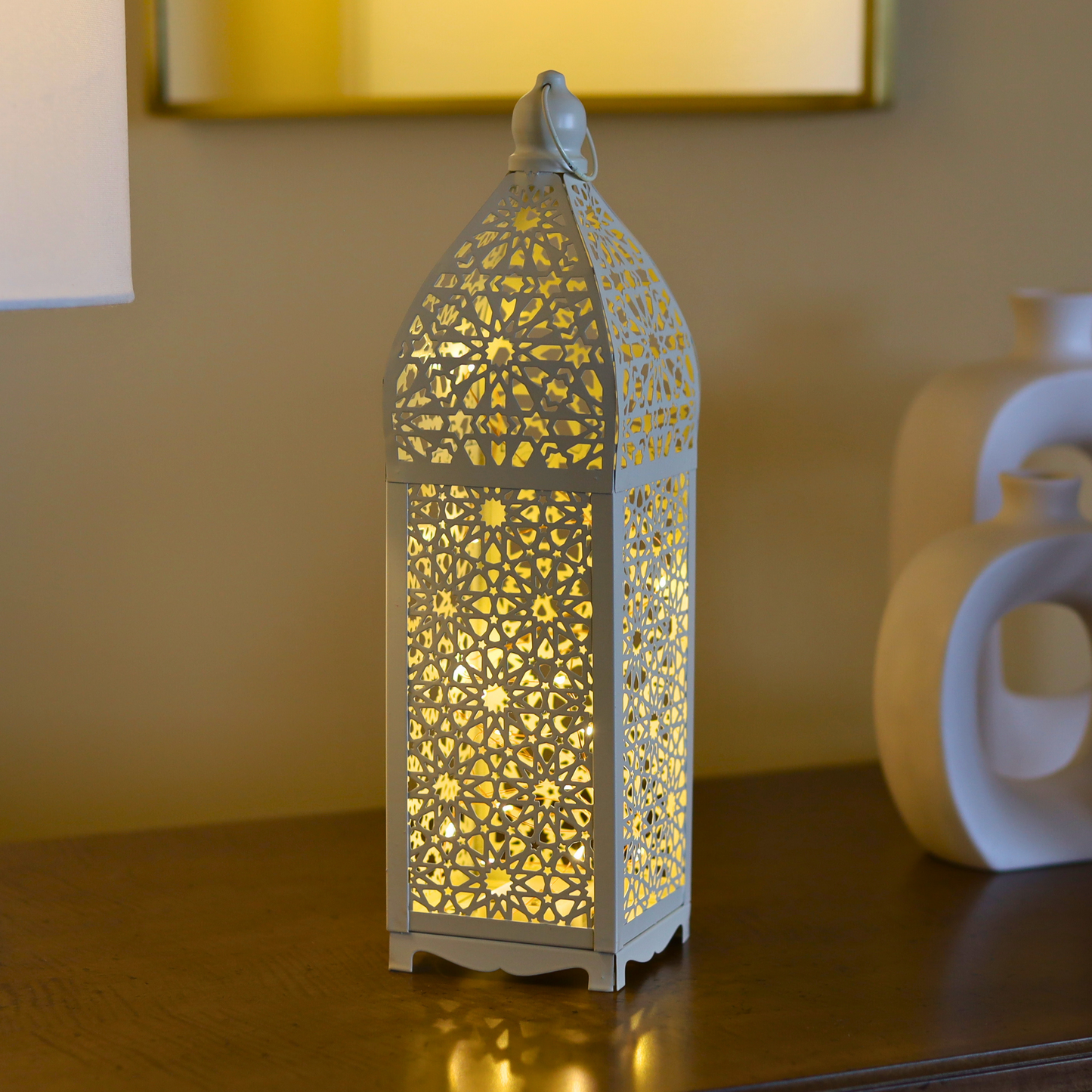 Stunning White Persian Pattern Metal Lantern with LED Lights