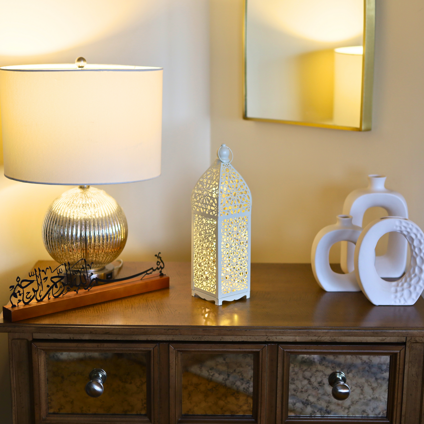 Stunning White Persian Pattern Metal Lantern with LED Lights