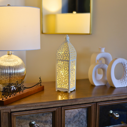 Stunning White Persian Pattern Metal Lantern with LED Lights