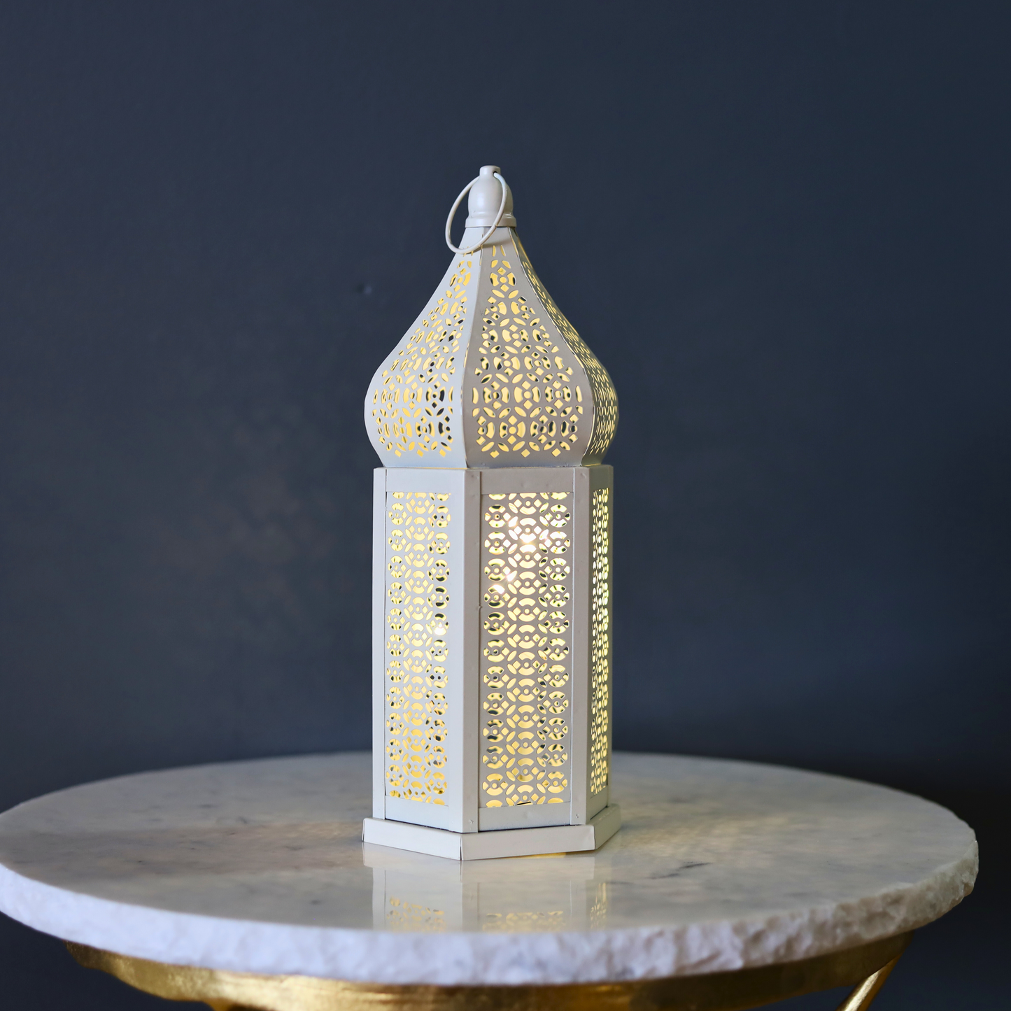 Elegant White Persian Inspired Lantern with LED Lights