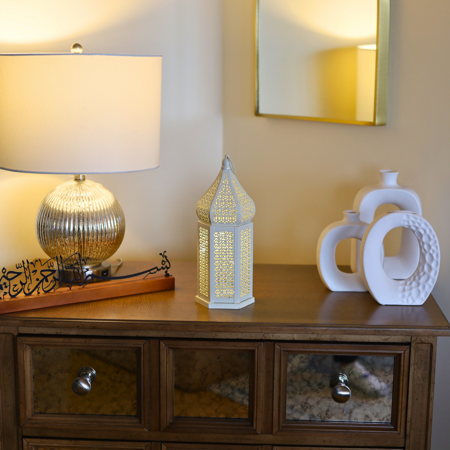 Elegant White Persian Inspired Lantern with LED Lights