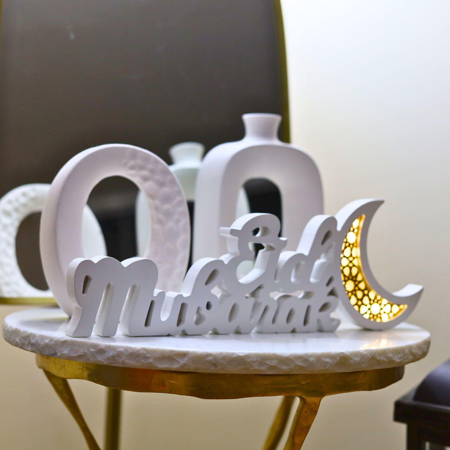 Joyful White Eid Mubarak Table Piece – LED Crescent Moon Design