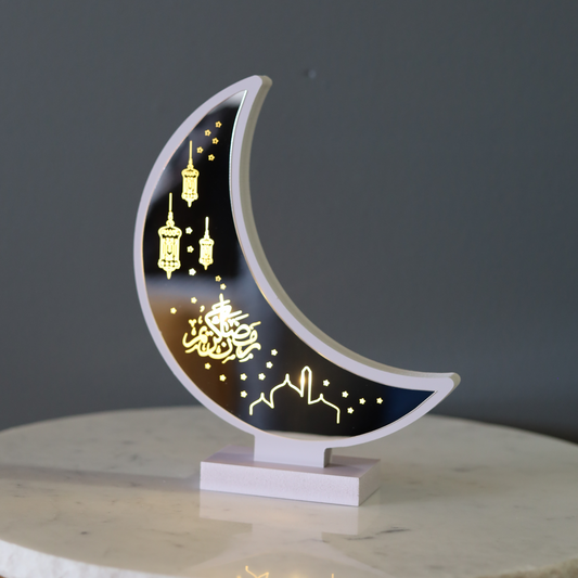 Illuminated White Crescent Moon Lantern With Engraved Glass