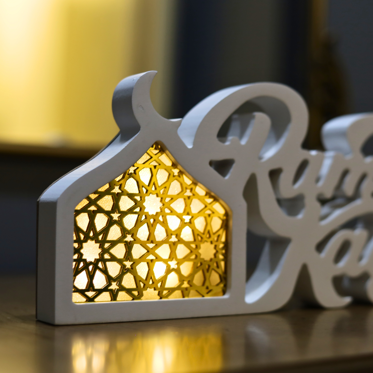Joyful White Ramadan Kareem Table Piece – LED Crescent Moon Design