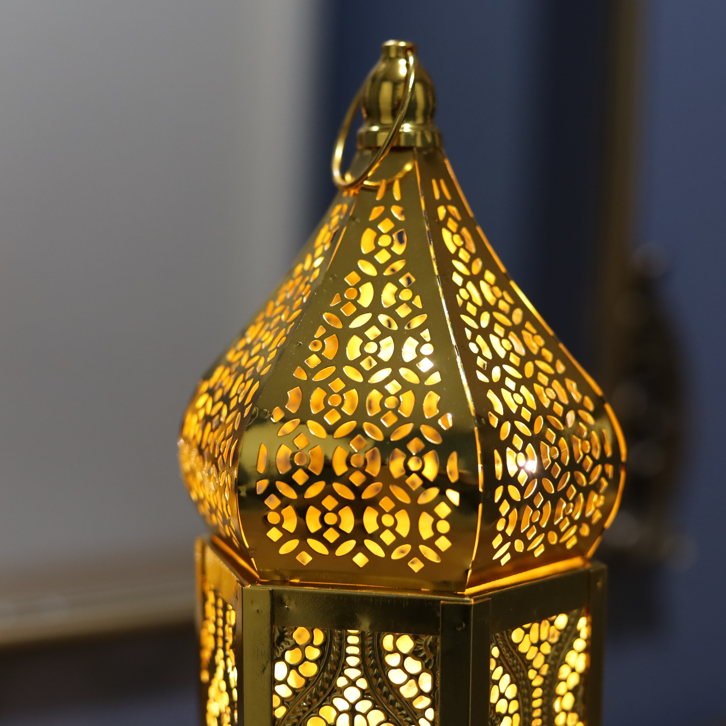 Stunning Tall Gold Ramadan Lantern with LED Lights – Elegant Moroccan Cut Metal Design
