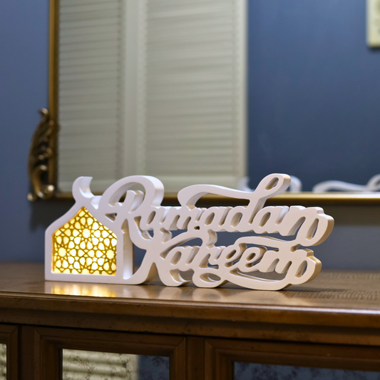Joyful White Ramadan Kareem Table Piece – LED Crescent Moon Design