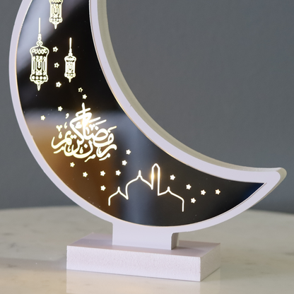 Illuminated White Crescent Moon Lantern With Engraved Glass
