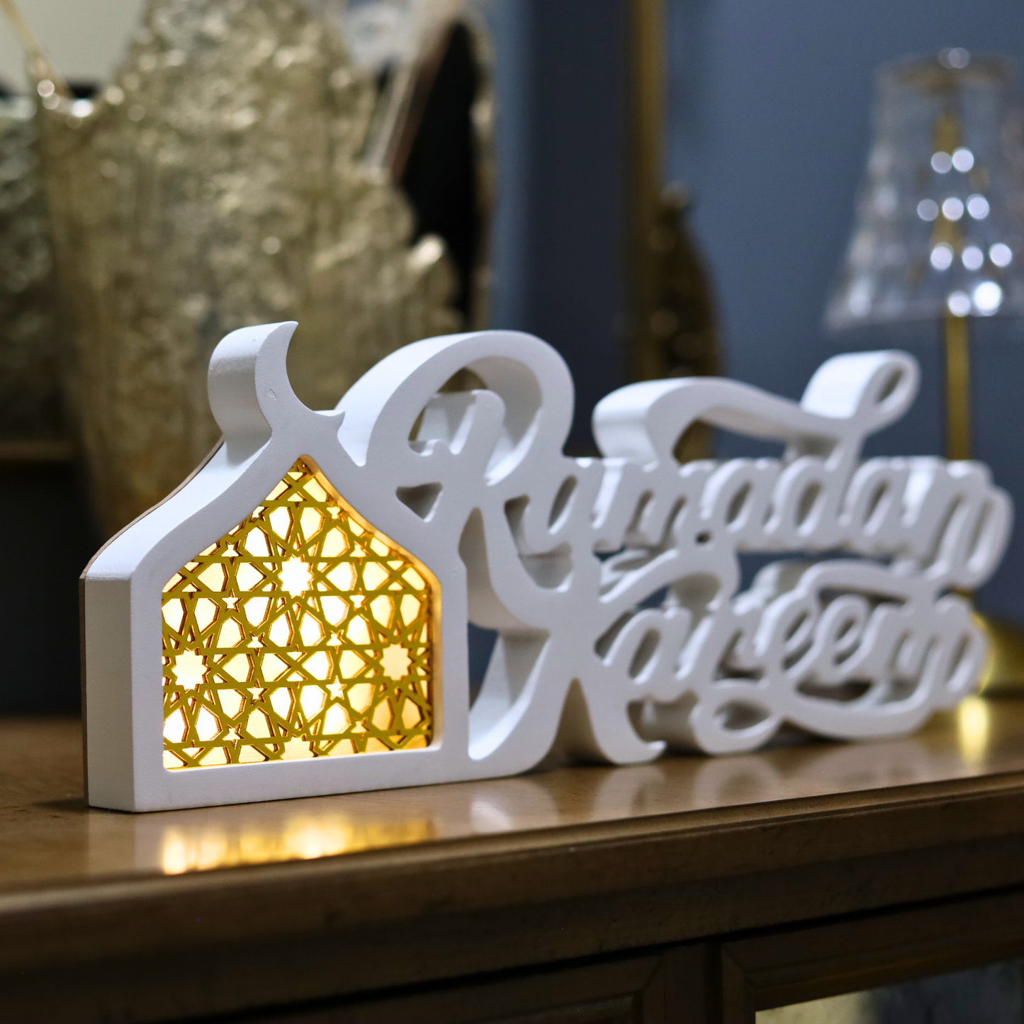 Joyful White Ramadan Kareem Table Piece – LED Crescent Moon Design