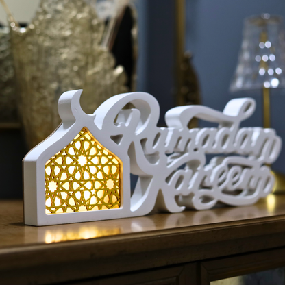 Joyful White Ramadan Kareem Table Piece – LED Crescent Moon Design