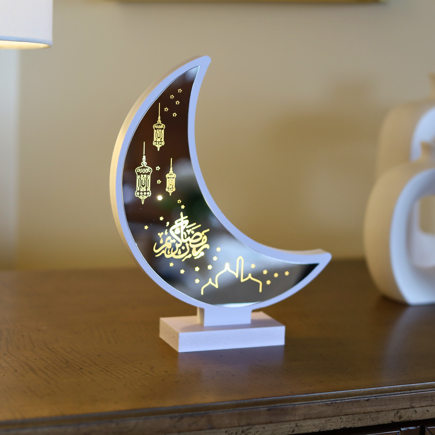 Illuminated White Crescent Moon Lantern With Engraved Glass