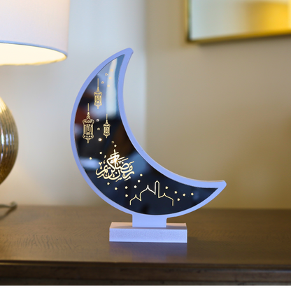 Illuminated White Crescent Moon Lantern With Engraved Glass