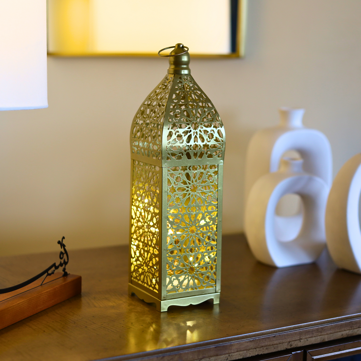 Stunning Gold Persian Pattern Metal Lantern with LED Lights