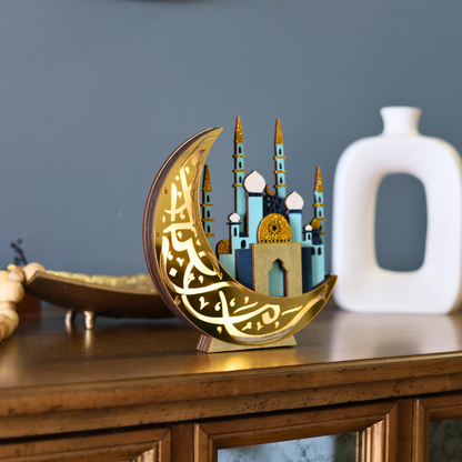 Unique Gold Crescent Moon & 3D Mosque Table Decor