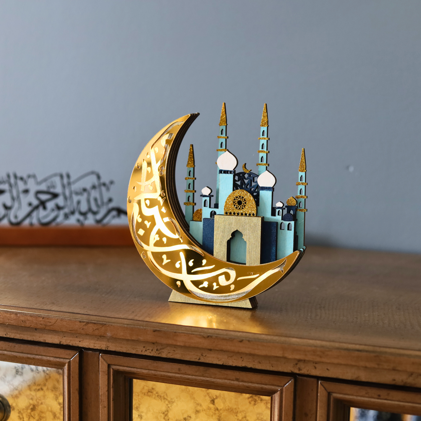 Unique Gold Crescent Moon & 3D Mosque Table Decor