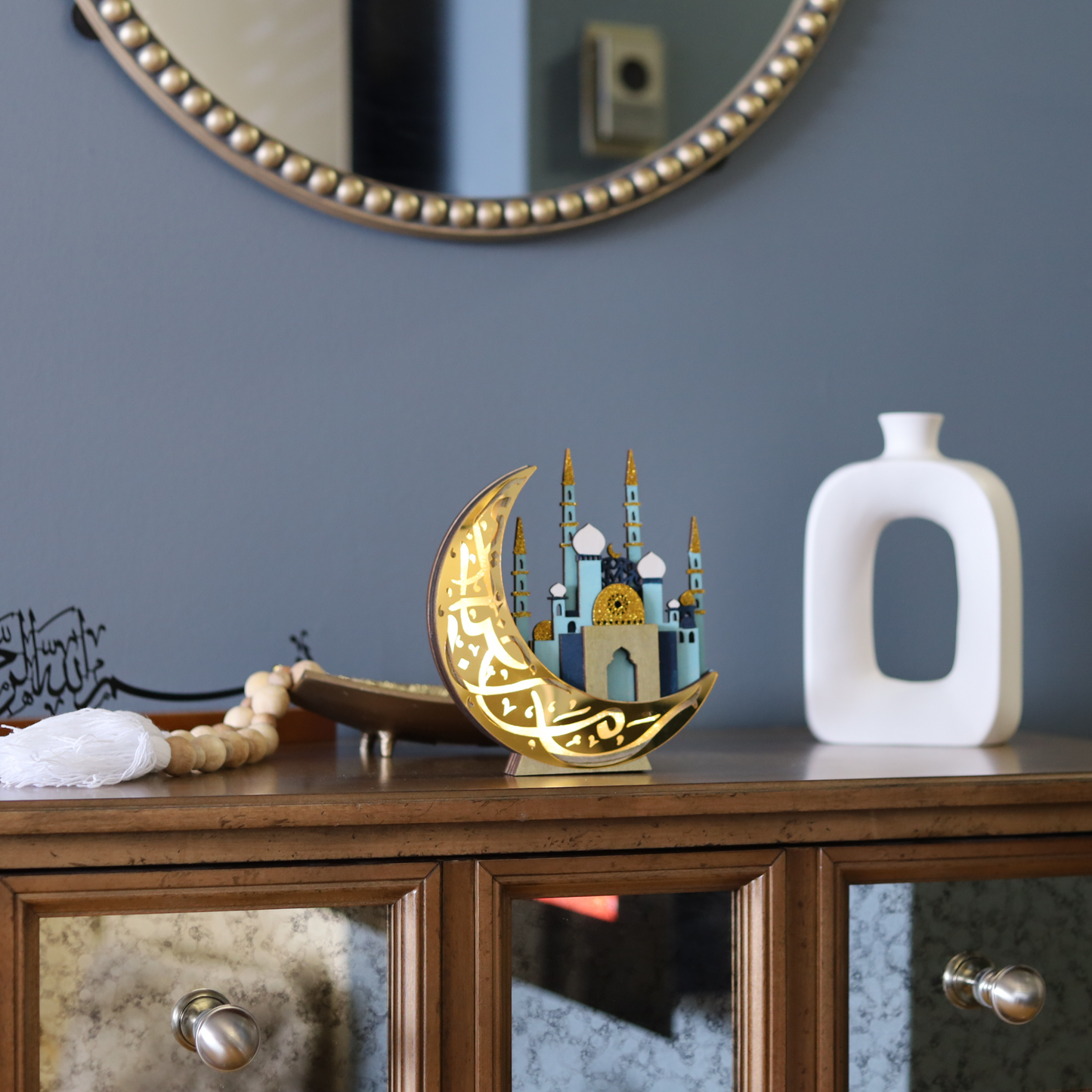 Unique Gold Crescent Moon & 3D Mosque Table Decor