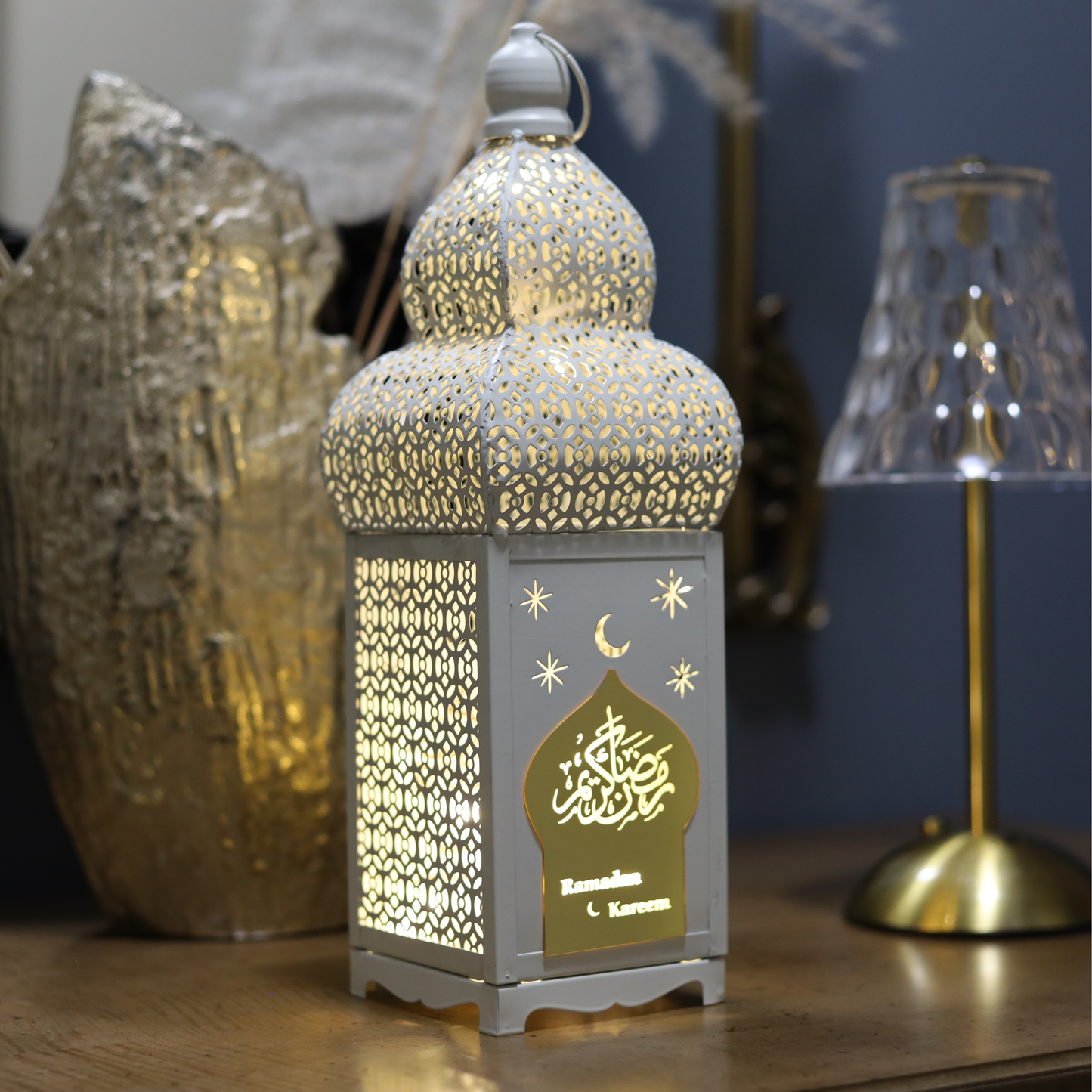 Stunning Tall White Ramadan Kareem Lantern with LED Lights – Elegant Islamic Cut Metal Design