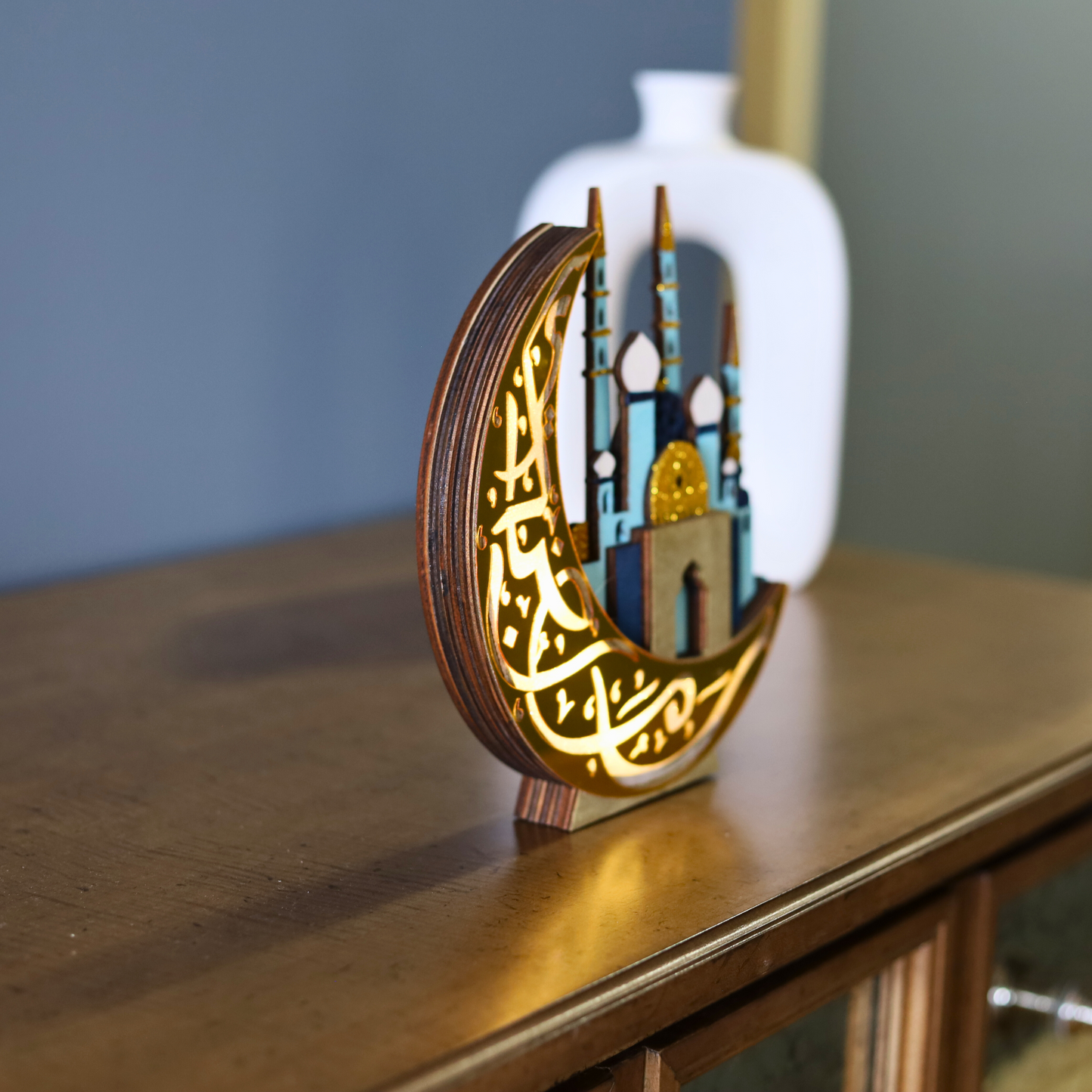 Unique Gold Crescent Moon & 3D Mosque Table Decor