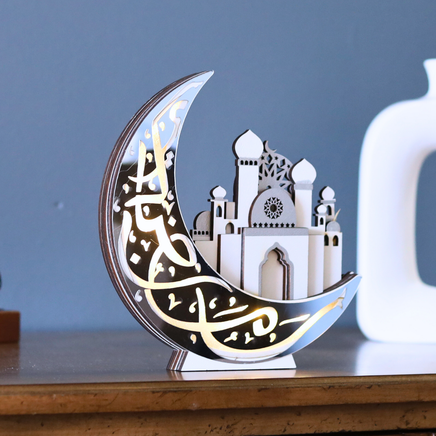 Unique Silver Crescent Moon & 3D Mosque Table Decor