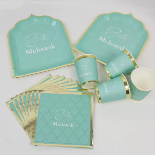 Elegant Eid Mubarak 30 Piece Dining Set – Baby Blue & Gold Tableware