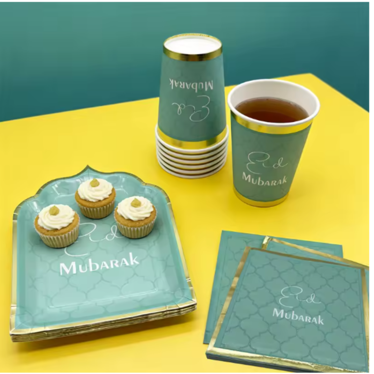 Elegant Eid Mubarak 30 Piece Dining Set – Baby Blue & Gold Tableware