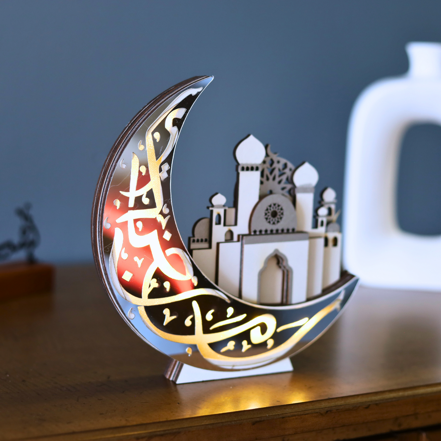 Unique Silver Crescent Moon & 3D Mosque Table Decor