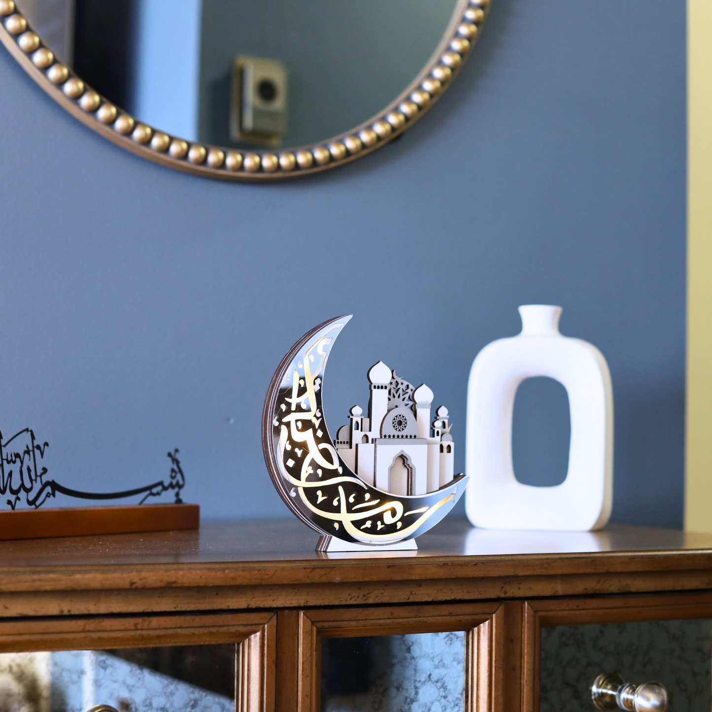 Unique Silver Crescent Moon & 3D Mosque Table Decor